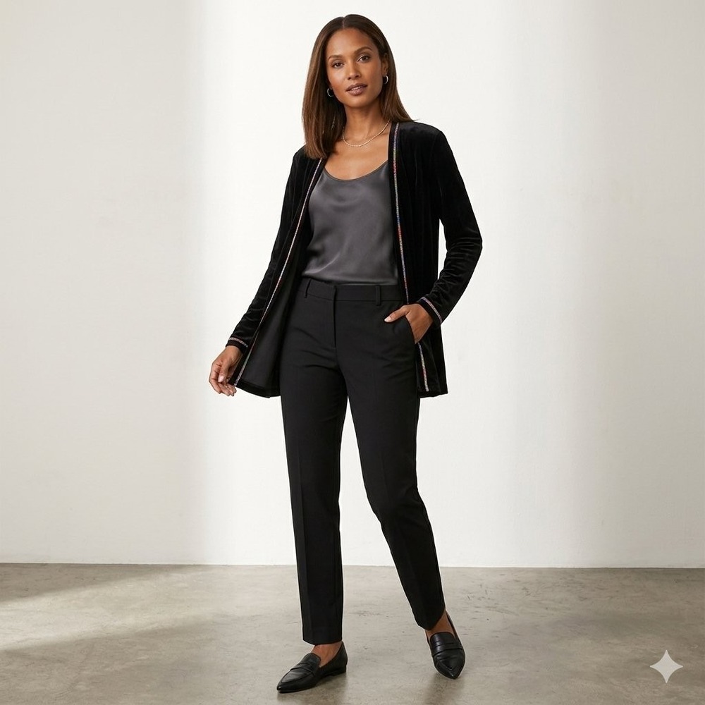 Chicos Travelers Black Open Front Cardigan Rainbow Stitching Size 1 M 8 10
